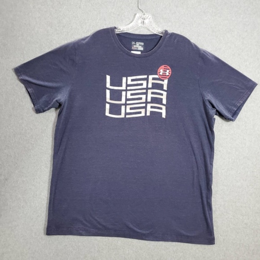 Under Armour Men Activewear Shirt 2XL Blue USA Logo Graphic Print Heatgear Loose